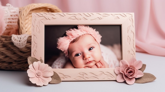 Una foto de un bebé en un marco de madera.