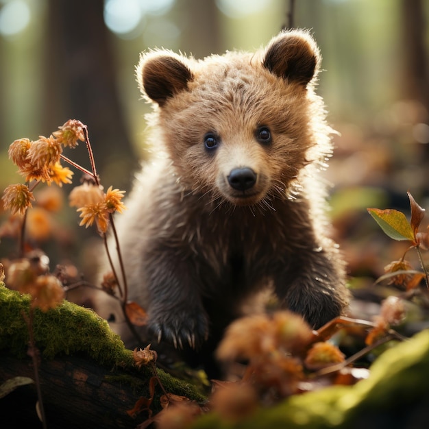 Foto de un bebé oso peludo explorando el bosque