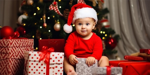 foto bebe sobre fondo navideño