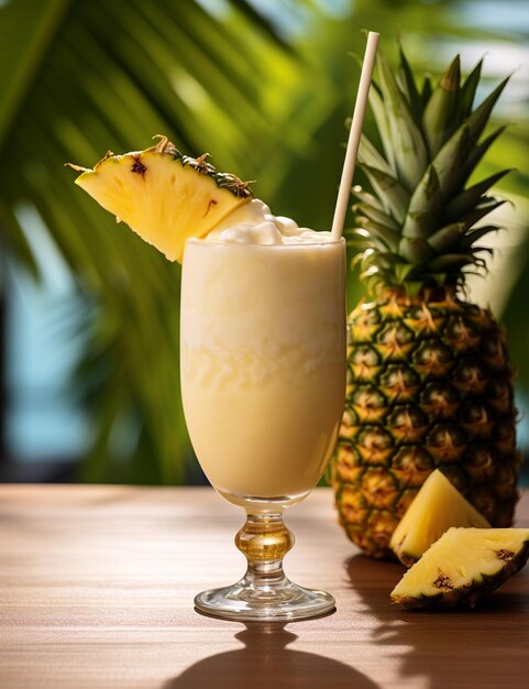 Foto de una bebida de piña colada elegantemente servida sobre una mesa