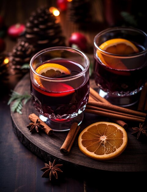 Foto de una bebida de vino mulled elegantemente cubierta en una mesa