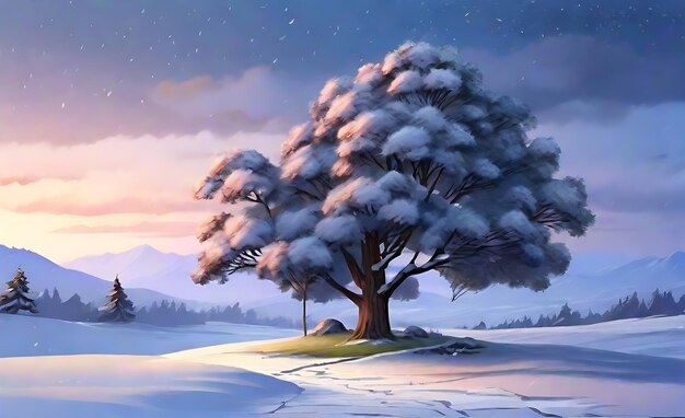 Foto bela árvore na paisagem de inverno no final da noite na queda de neve ilustração de arte digital