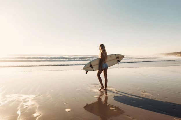 Foto foto bela garota caminha com uma prancha de surf em uma praia selvagem vista incrível do topo fotografia