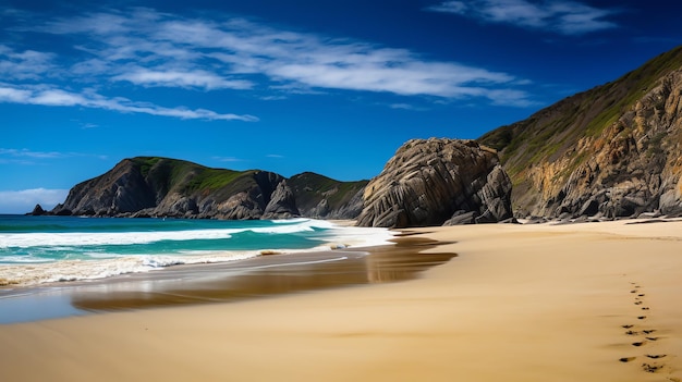 Foto bela praia com penhasco rochoso e céu azul