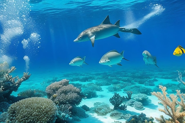 Foto bela vista panorâmica subaquática com peixes tropicais e recifes de corais