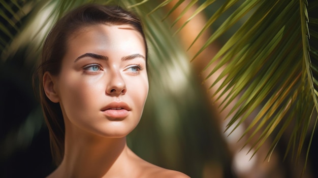 Foto de belleza del concepto de cuidado de la piel de la cara y el cuerpo de una mujer joven frente a las palmeras IA generativa