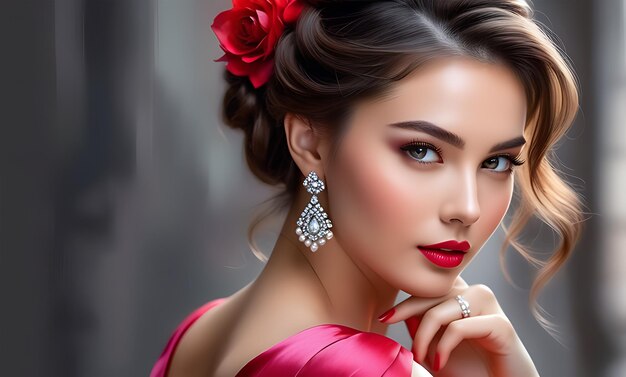 Foto de una belleza de ojos rosados en un vestido rojo