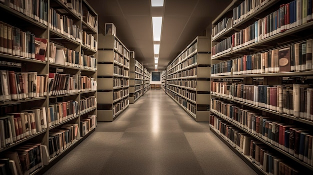 Una foto de una biblioteca universitaria con hileras de estanterías