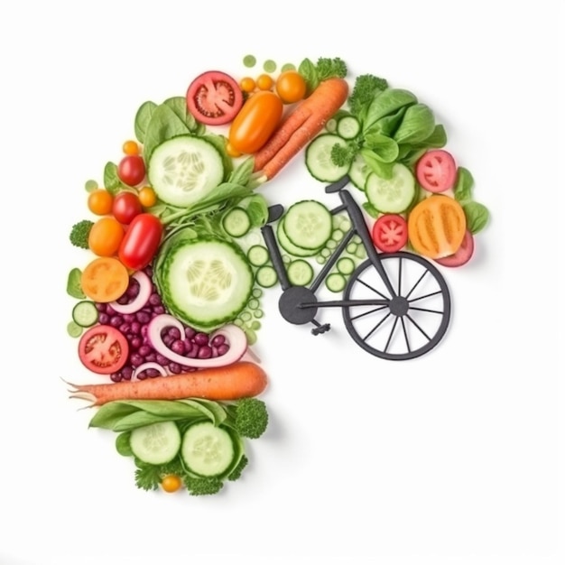 Una foto de una bicicleta con verduras y una letra b en ella