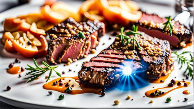 Foto bife grelhado na superfície de madeira escura com carne cozida