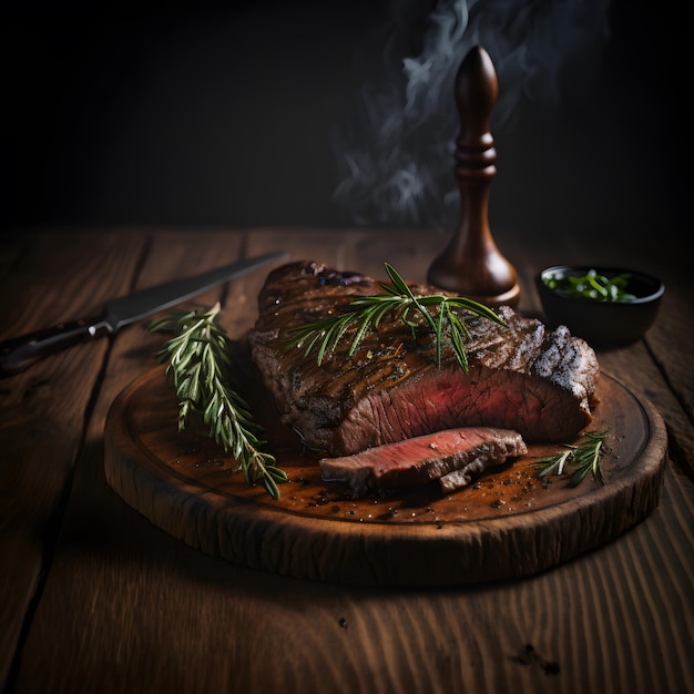 foto bife grelhado na superfície de madeira escura fotografia de comida