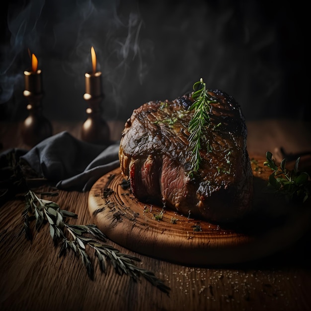 foto bife grelhado na superfície de madeira escura fotografia de comida