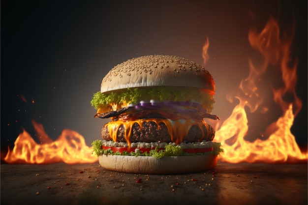 Foto Big Sandwich - Hamburger Burger mit Feuer Bild 02
