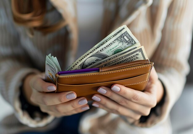 Foto de una billetera con una pila de dinero dólares moneda prestar dinero pago por adelantado