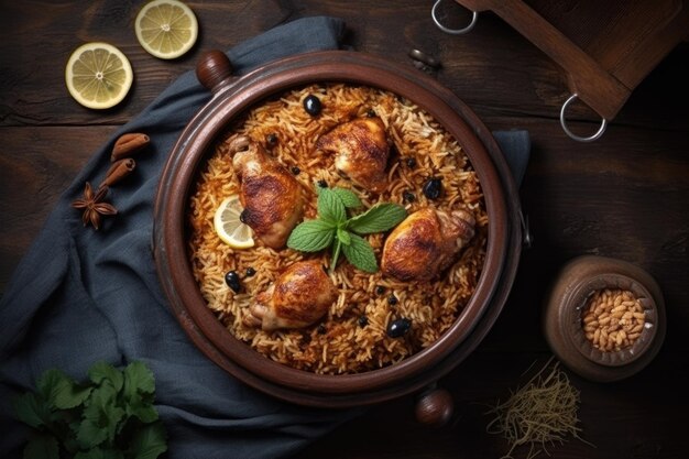 Foto de biryani de pollo en una olla de barro adornada con hojas de menta y rodajas de limón