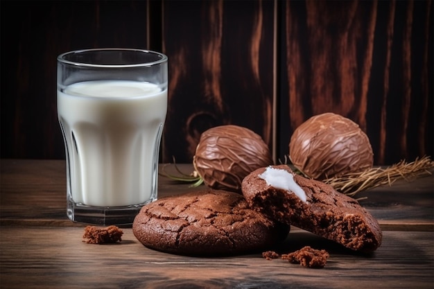 Foto biscoitos chocolate e copo de leite