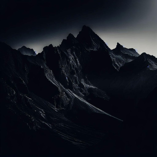 una foto en blanco y negro de algunas montañas en la oscuridad