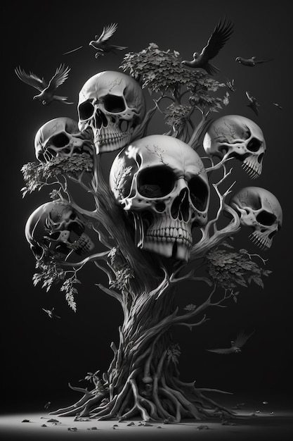 Una foto en blanco y negro de un árbol con cráneos y pájaros generativos ai