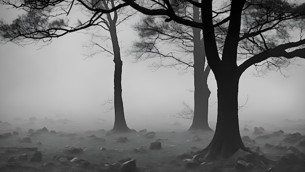 Una foto en blanco y negro de árboles en un bosque de niebla.