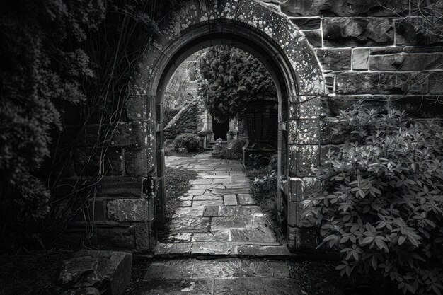 Una foto en blanco y negro de un arco de piedra