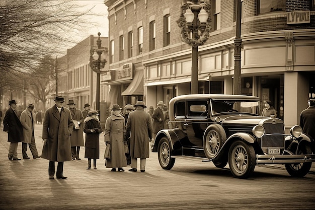 Una foto en blanco y negro de un auto antiguo con personas paradas frente a él.