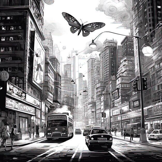 una foto en blanco y negro de un autobús y una mariposa volando sobre una calle de la ciudad