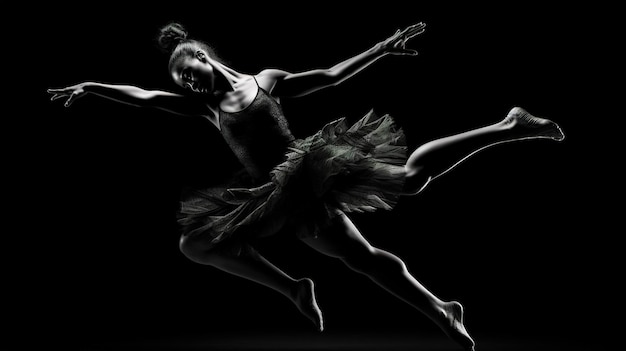 Una foto en blanco y negro de una bailarina de ballet en la oscuridad.