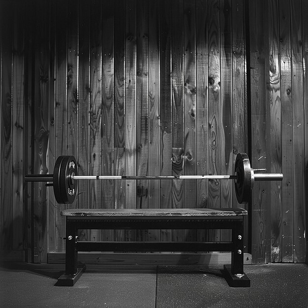 una foto en blanco y negro de un banco con las palabras gimnasio en él