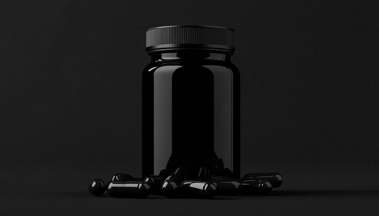 una foto en blanco y negro de una botella de pastillas