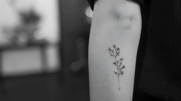 Foto una foto en blanco y negro de un brazo de una persona con un pequeño tatuaje delicado de una planta