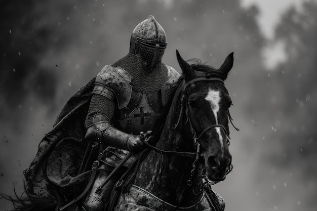 Una foto en blanco y negro de un caballero en un caballo