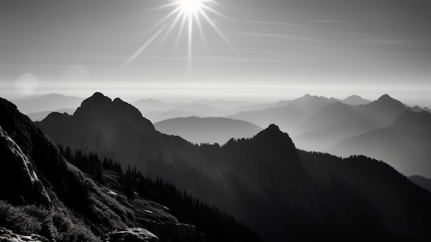 Una foto en blanco y negro de una cadena montañosa con niebla en el aire y un sol brillante en el cielo sobre la cadena montañosa IA generativa