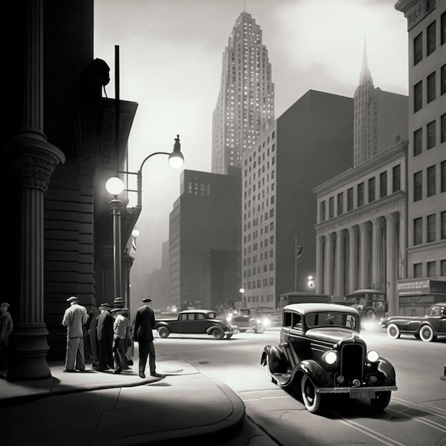 Una foto en blanco y negro de una calle con un auto y un edificio al fondo.