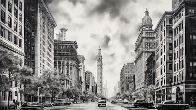 una foto en blanco y negro de una calle de la ciudad con un letrero que dice Empire State.