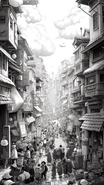 una foto en blanco y negro de una calle con personas caminando y un gran globo volando por encima de ella