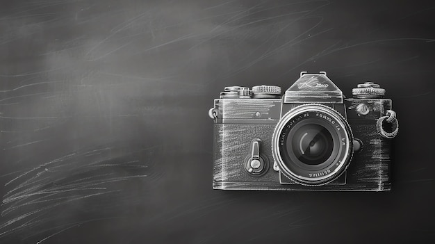 Foto foto en blanco y negro de una cámara vintage en un fondo de pizarra la cámara está en el centro del marco y está ligeramente inclinada hacia la derecha