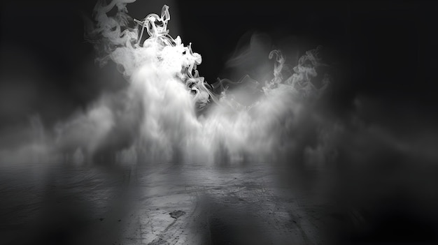 una foto en blanco y negro de una carretera con una nube de humo