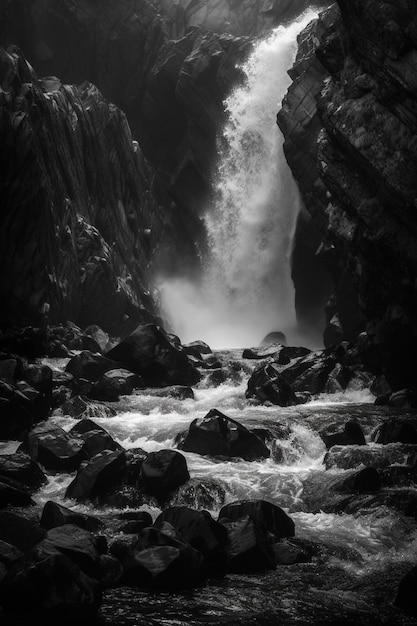 Una foto en blanco y negro de una cascada con la palabra cascada en ella