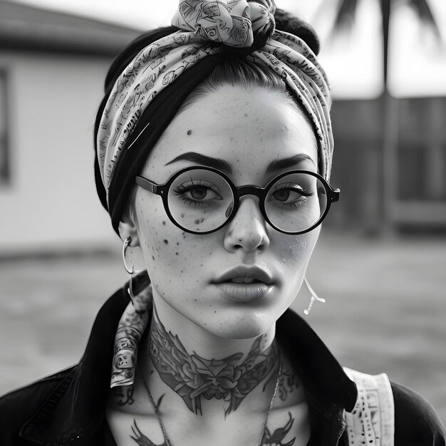 Foto una foto en blanco y negro de una chica con gafas y tatuajes