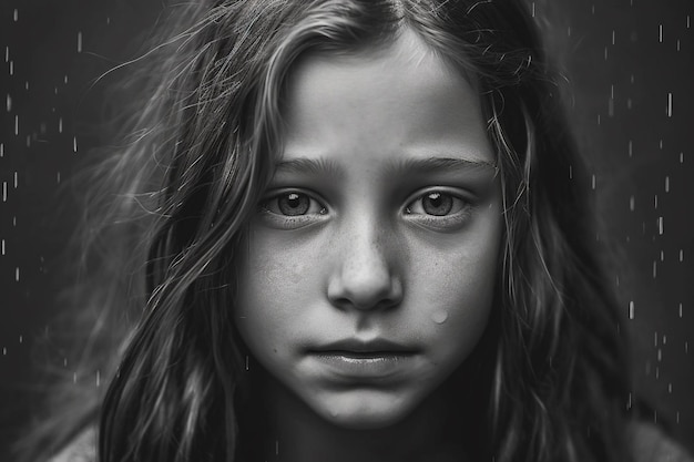 una foto en blanco y negro de una chica con el pelo largo.