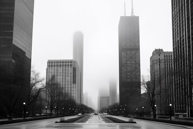 Foto una foto en blanco y negro de una ciudad con el horizonte de chicago al fondo.