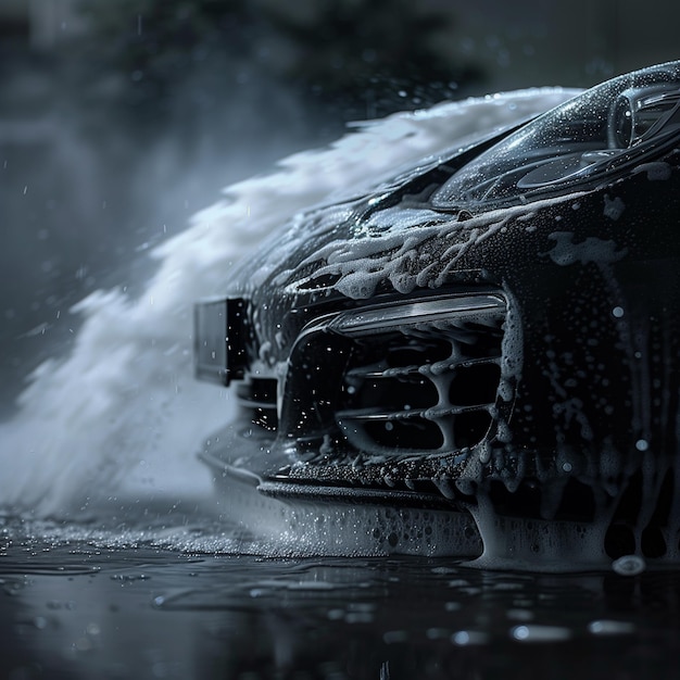 Foto una foto en blanco y negro de un coche con agua rociando fuera de él