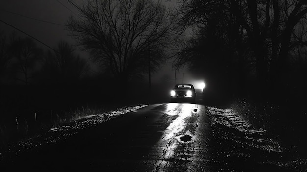 Foto foto en blanco y negro de un coche conduciendo por una carretera rural por la noche