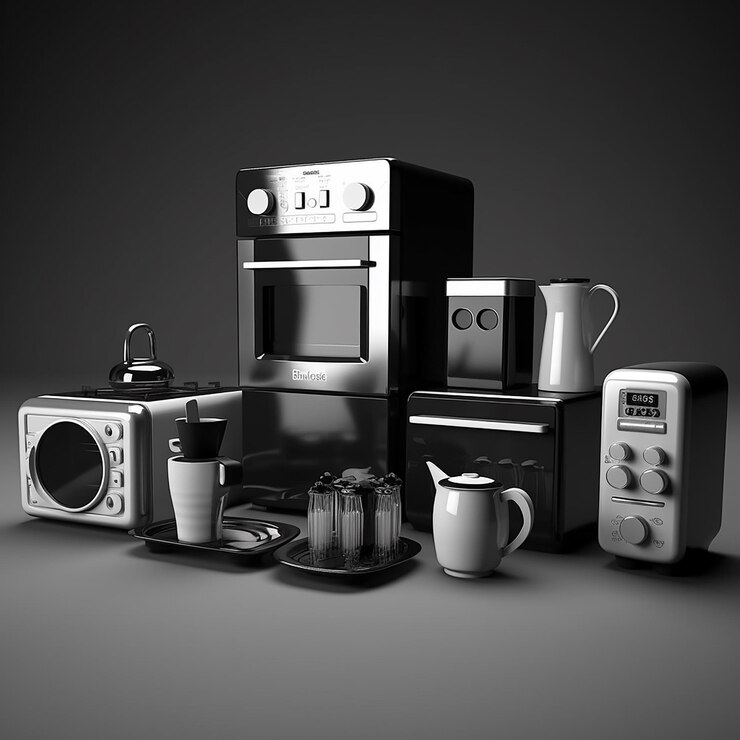 Una foto en blanco y negro de una cocina con un microondas y un horno tostador.