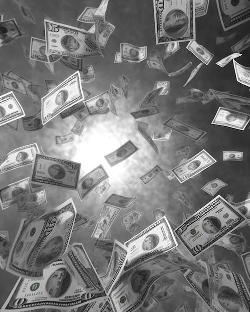 Una foto en blanco y negro de dinero cayendo del cielo generativo ai
