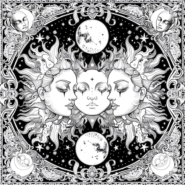una foto en blanco y negro de dos caras y la luna