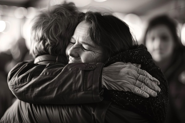 Una foto en blanco y negro de dos mujeres abrazándose