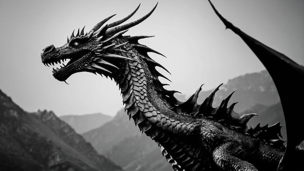 una foto en blanco y negro de un dragón con dos pájaros en el fondo