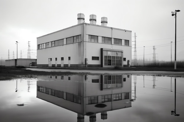 Una foto en blanco y negro de un edificio con un gran charco de agua.