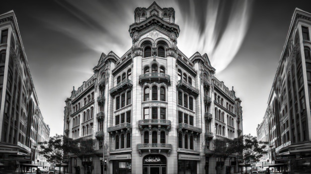 Una foto en blanco y negro de un edificio con el nombre del edificio en el frente.